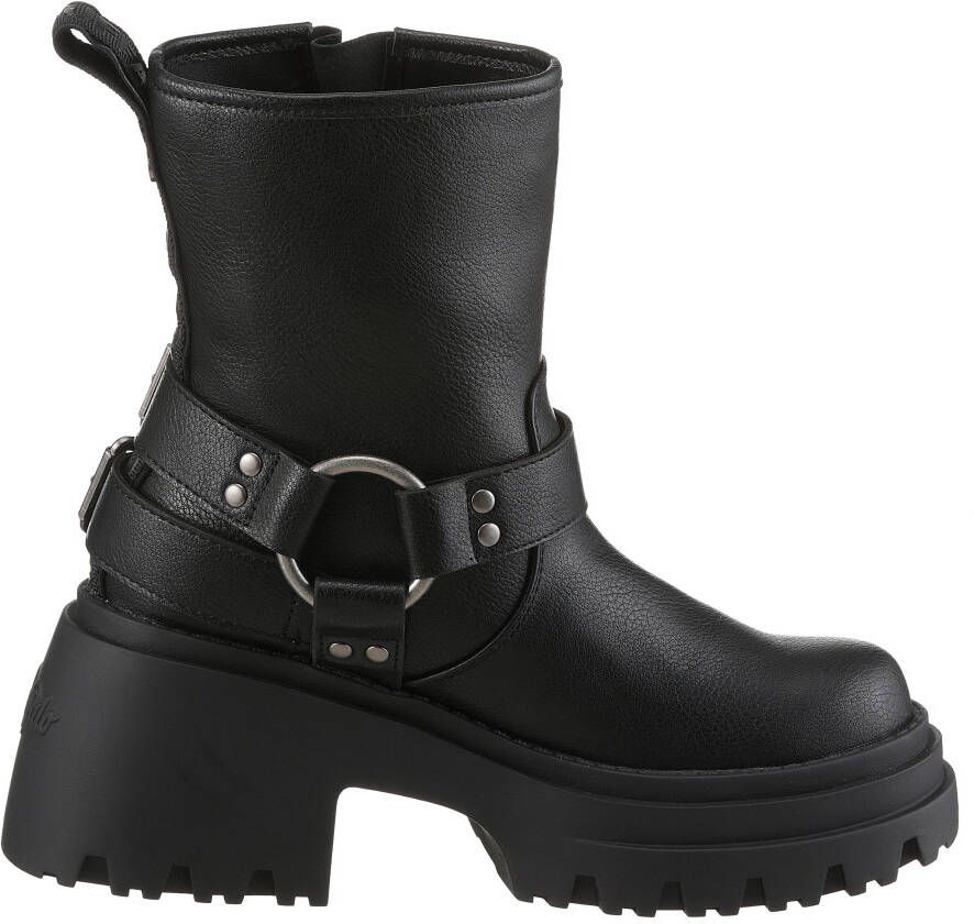 Buffalo Bikerboots BRAVR BIKER LO biker enkellaars plateaustiefelette blokhak met decoratieve gespen