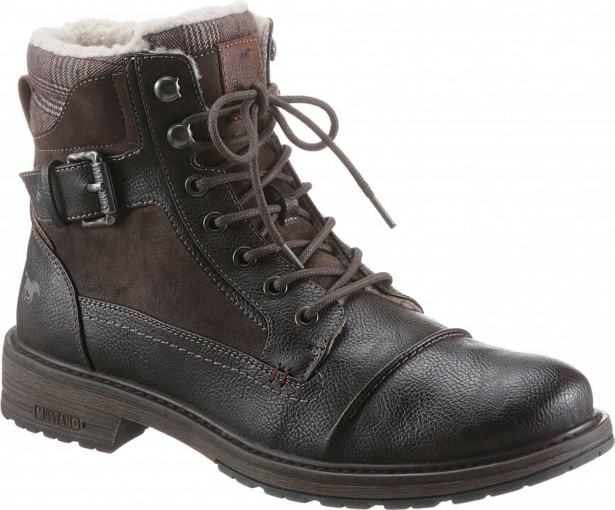 Mustang Shoes Winterlaarzen blokhak winterlaarsjes veterschoenen met geruit accent