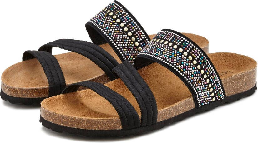 Lascana Slippers Mule sandaal open schoen met kurkvoetbed en elastische riemen