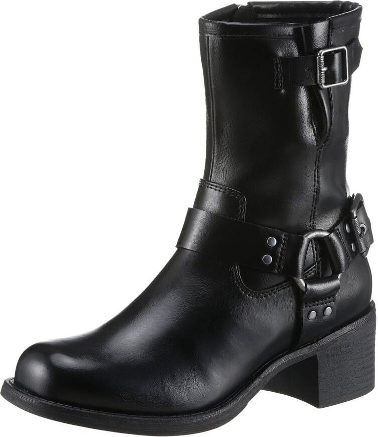 Marco Tozzi Bikerboots BROTI blokhak gespen laarzen enkellaars met glanzende studs