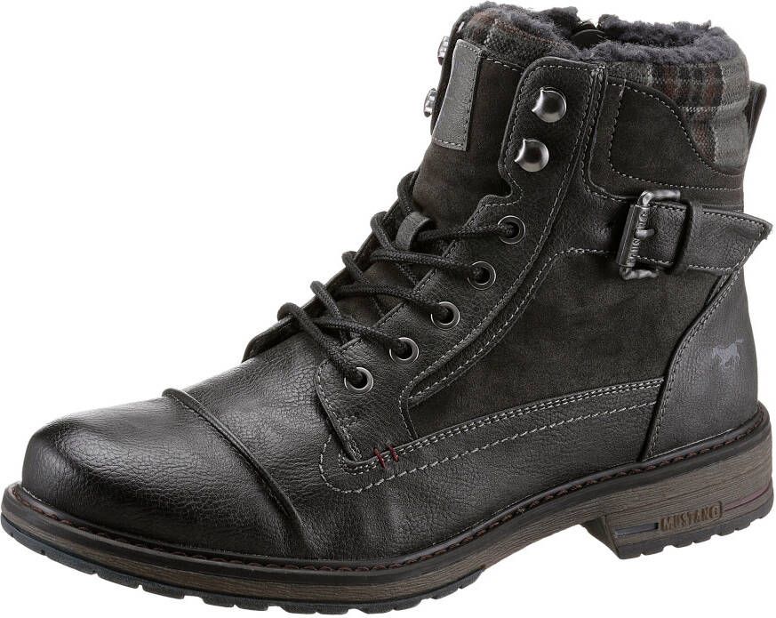 Mustang Shoes Winterlaarzen blokhak winterlaarsjes veterschoenen met geruit accent