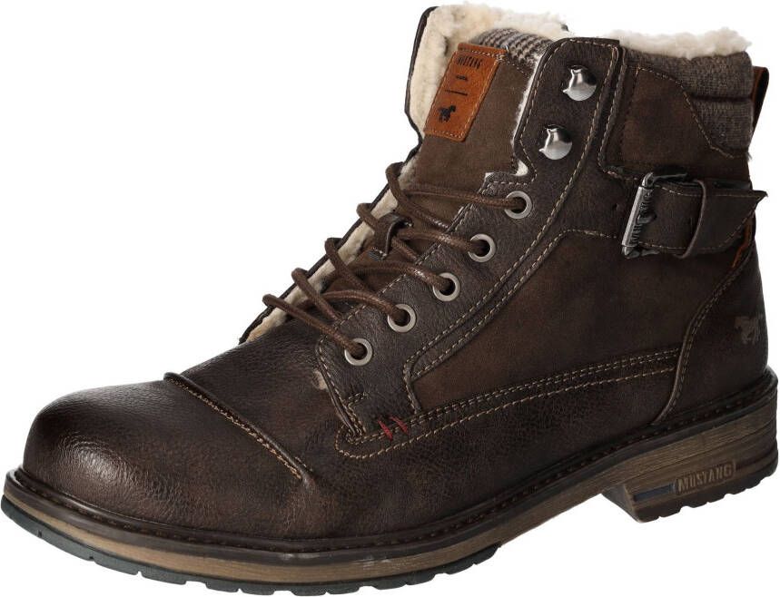 Mustang Shoes Winterlaarzen blokhak winterlaarsjes veterschoenen met geruit accent