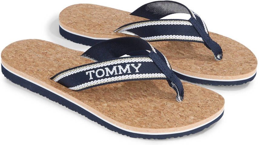 Tommy Hilfiger Teenslippers HILFIGER CORK BEACH SANDAL zomerschoen slippers poolslides met logo-opschrift