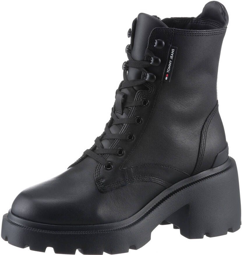 TOMMY JEANS Veterlaarsjes TJW MID HEEL BOOT LEATHER blokhak plateau veterschoenen chunkyboots met label