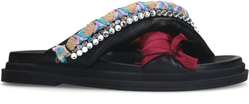 Sacha Zwarte leren slippers met multicolor details