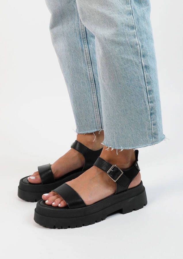 Sacha Zwarte leren plateau sandalen