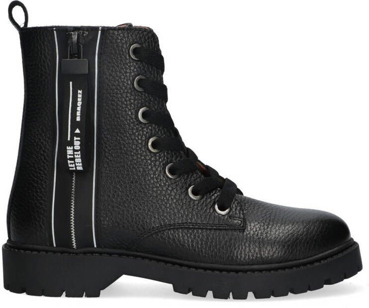 Braqeez Belle Boot Meisjes Biker Boots Zwart Leer Veters