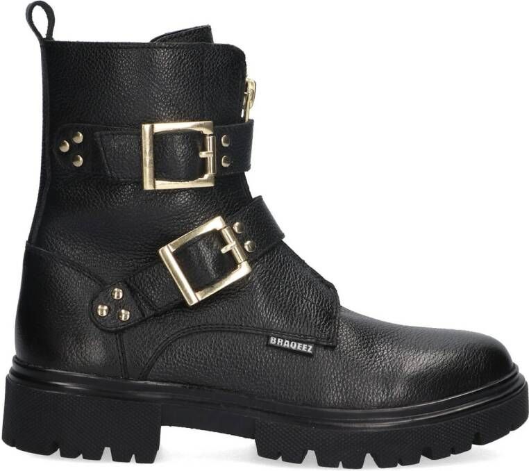 Braqeez Mila Moxie chunky leren bikerboots zwart