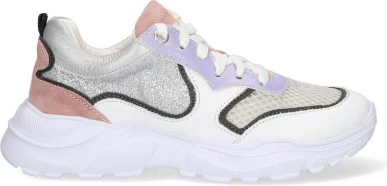 Braqeez 423285-500 Meisjes Lage Sneakers Wit Zilver Roze Leer Veters