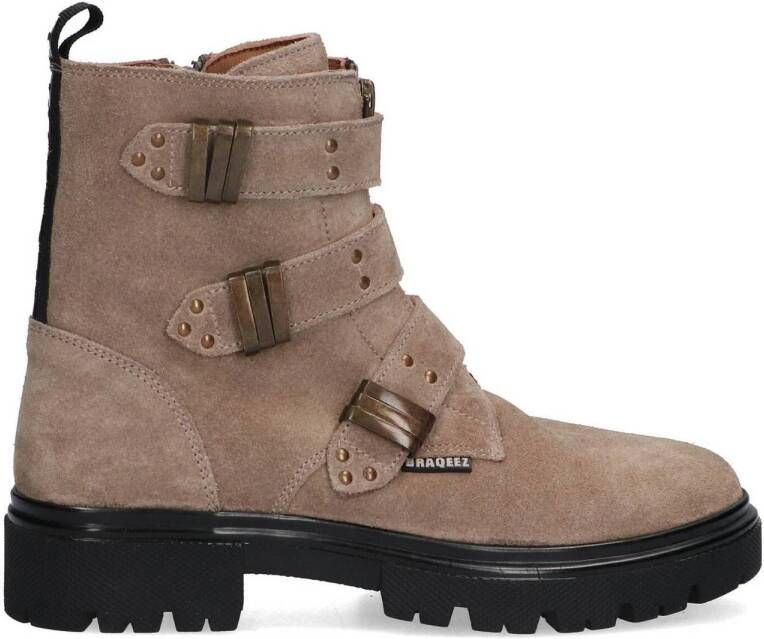 Braqeez 424782-408 Meisjes Biker Boots Taupe Suède Gesp Met Rits