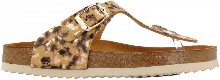 Develab 48202 leren teenslippers met panterprint beige goud