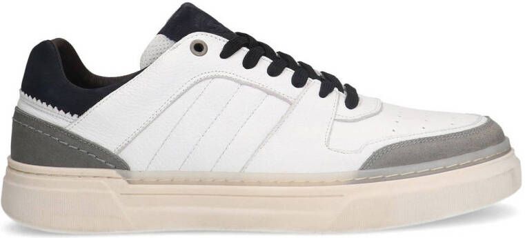 Manfield Heren Witte leren sneakers met zwarte details