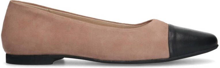 Manfield Dames Beige suède ballerina's met zwarte neus