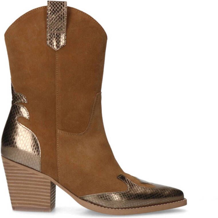 Manfield Dames Cognac suède cowboy laarzen met metallic details