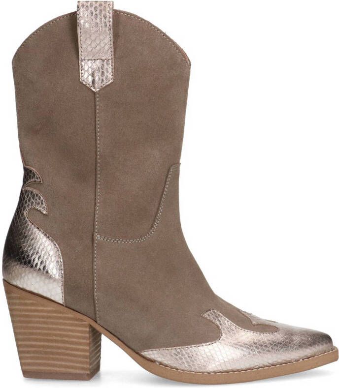 Manfield Dames Taupe cowboylaarzen met goudkleurige metallic details