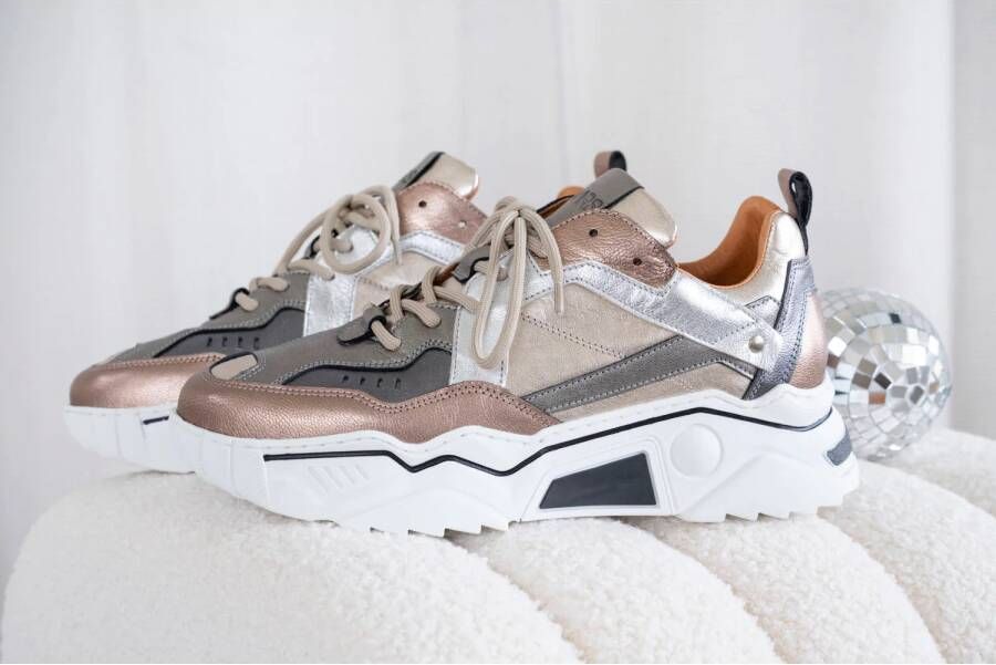 DWRS Pluto chunky leren sneakers beige zilver