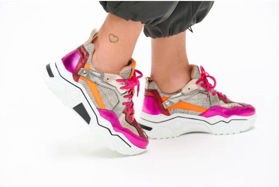 DWRS Pluto chunky leren sneakers grijs fuchsia