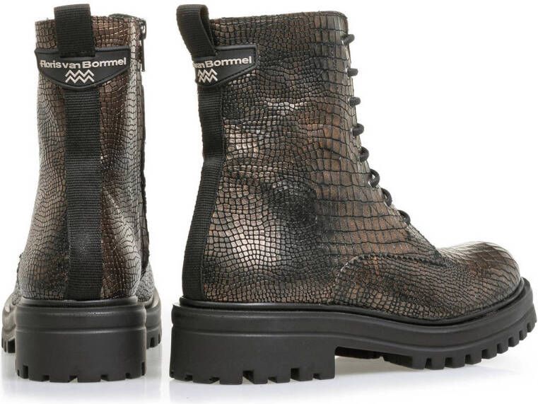 Floris van Bommel Wonki leren veterboots met slangenprint brons