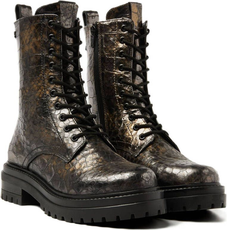 Lazamani Alize leren veterboots met slangenprint goud