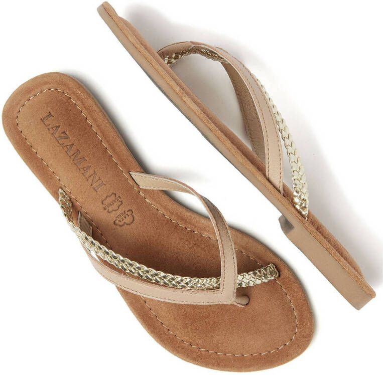 Lazamani leren teenslippers beige goud