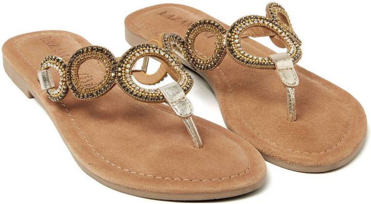 Lazamani leren teenslippers goud