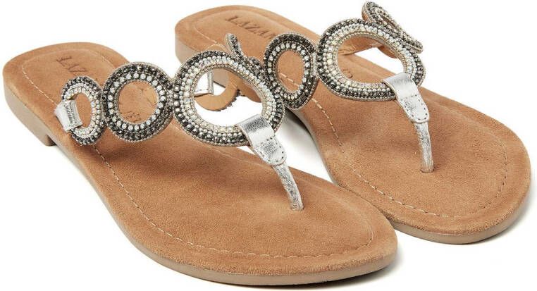 Lazamani leren teenslippers zilver