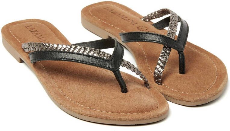 Lazamani leren teenslippers zwart