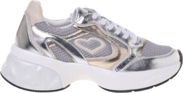 Love Moschino Crystal love chunky leren sneakers zilver goud beige