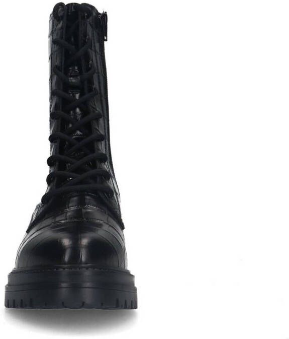 Manfield leren veterboots met crocoprint zwart