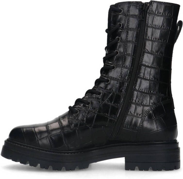 Manfield leren veterboots met crocoprint zwart