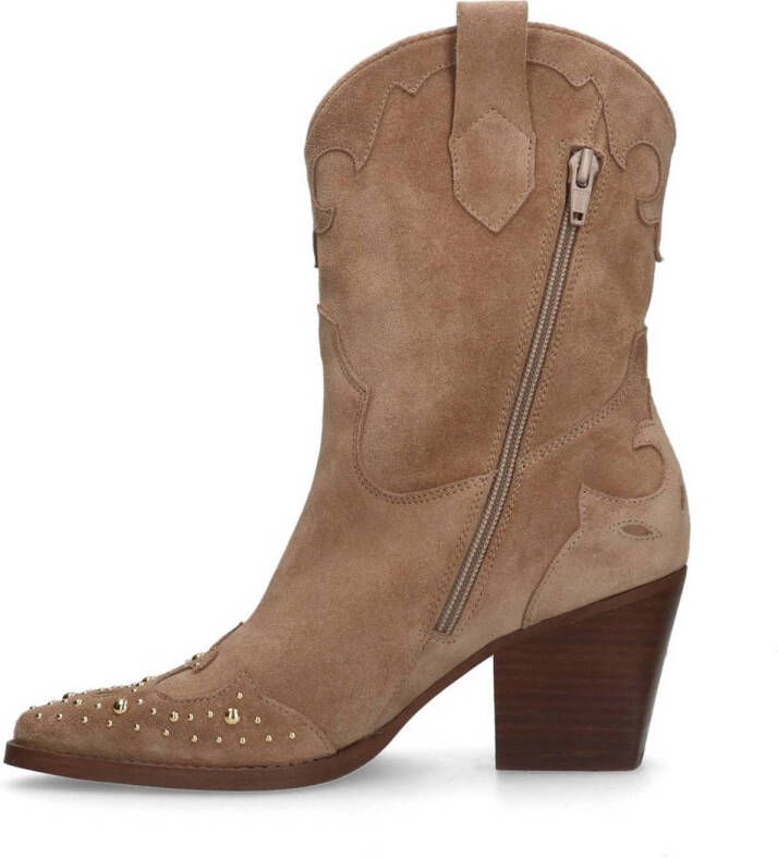 Manfield Dames Beige suède cowboylaarzen met goudkleurige studs - Foto 2