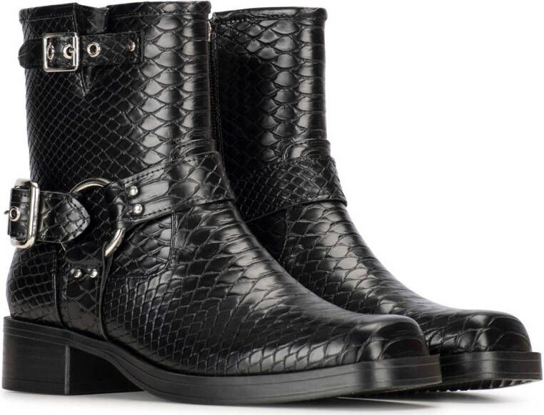 POSH by Poelman Phoebe bikerboots met slangenprint zwart