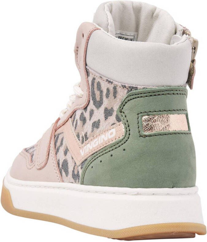 Vingino Senne Mid Velcro Premium hoge leren sneakers met panterprint roze