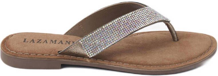 Lazamani leren teenslippers met strass beige