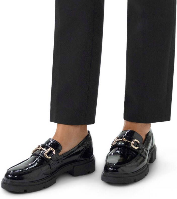 Manfield Dames Zwarte lakleren loafers met gouden chain