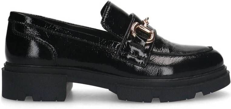 Manfield Dames Zwarte lakleren loafers met gouden chain