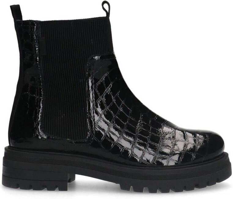 Manfield lakleren chelsea boots met crocoprint zwart