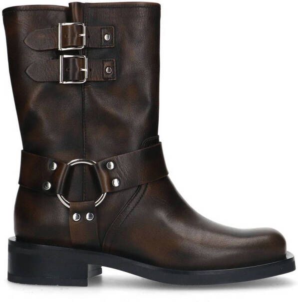 Manfield Dames Bruine leren biker boots met zilverkleurige gespjes