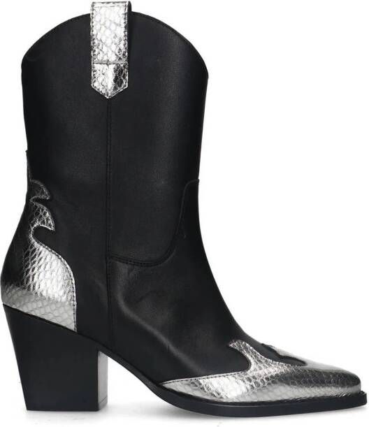 Manfield Dames Zwarte leren cowboylaarzen met zilverkleurige details