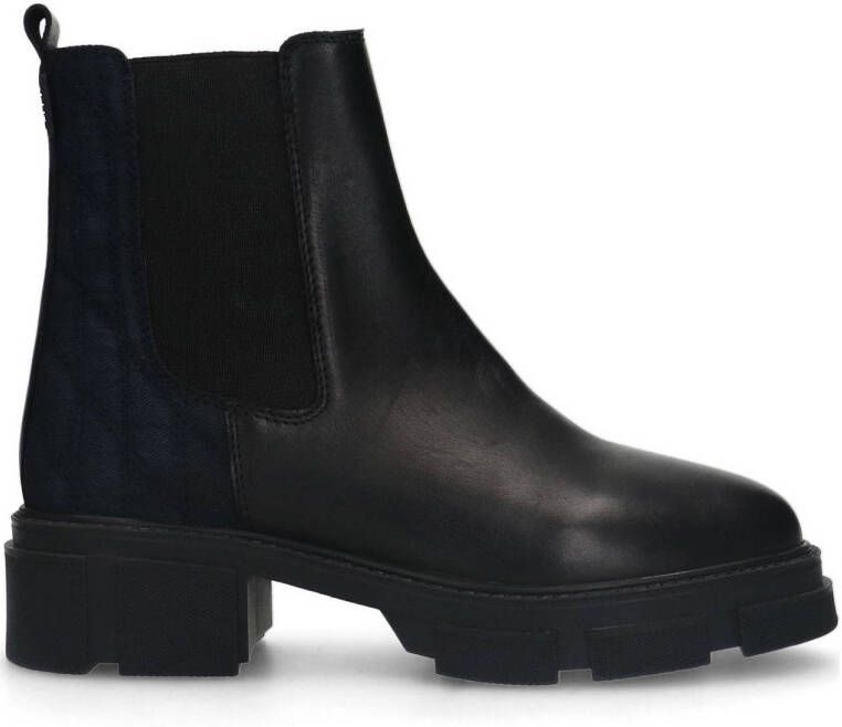 Manfield Dames Zwarte leren chelsea boots met stoffen achterkant