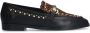 Manfield Dames Zwarte leren loafers met details Panterprint - Thumbnail 1