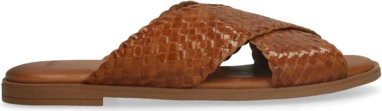 Manfield Dames Cognac leren gevlochten slippers