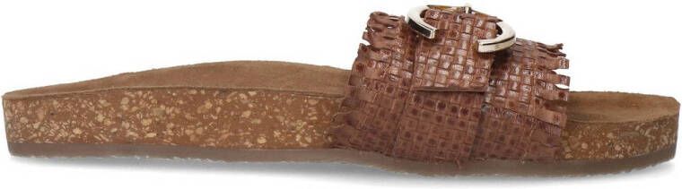 Manfield Dames Cognac leren slippers met gesp