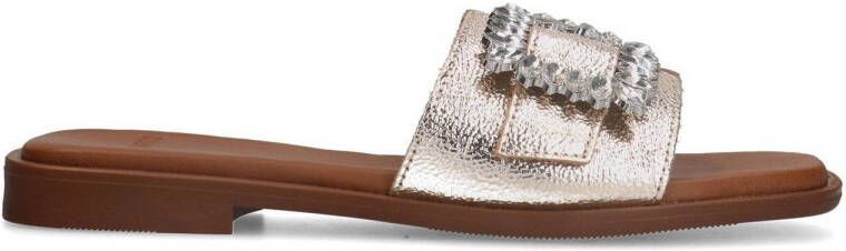 Manfield Dames Gouden leren slippers met diamanten gesp