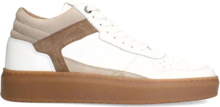 Manfield Heren Witte leren sneakers met bruine suède details