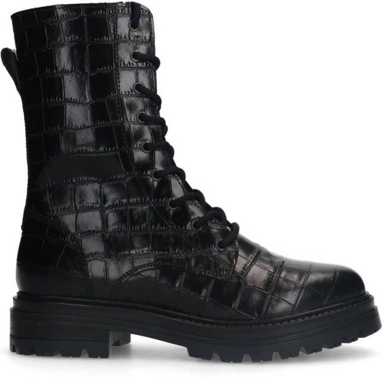 Manfield leren veterboots met crocoprint zwart