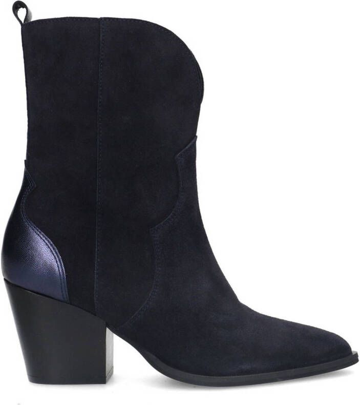 Manfield Dames Blauwe suède cowboy laarzen met metallic details