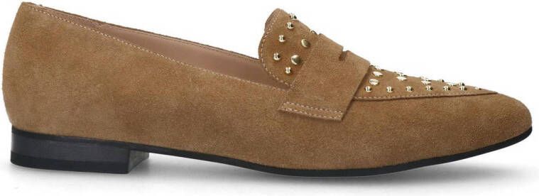 Manfield Dames Cognac suède loafers met gouden studs