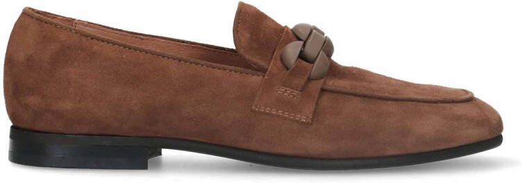 Manfield Dames Cognac suède loafers met chain