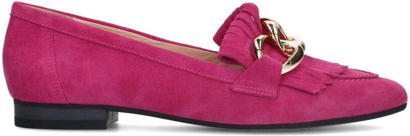 Manfield Dames Roze suède loafers met goudkleurige chain